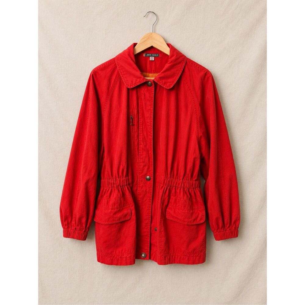 VTG Laura Ashley Red Utility Jacket Womens L Cotton Snap Front Lightweight Coat